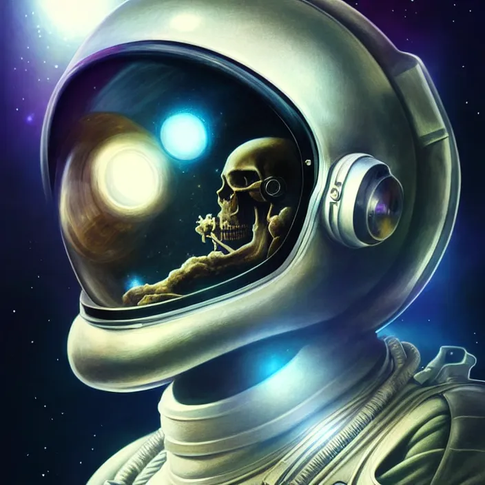 Prompt: ultra realistic retro futuristic astronaut skull helmet, deep space, lens flare, diffuse lighting, fantasy, intricate, elegant, highly detailed, lifelike, photorealistic, digital painting, artstation, illustration, concept art, smooth, sharp focus, art by John Collier and Albert Aublet and Krenz Cushart and Artem Demura and Alphonse Mucha