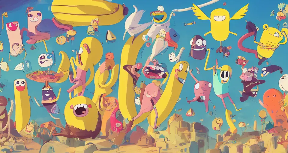 Prompt: portrait photography of cartoon bananas with wings and beaks, swimming in ice cream, in the style of adventure time, the amazing world of gumball, pixar, toki doki, greg rutkowski and makoto shinkai, trending on artstation