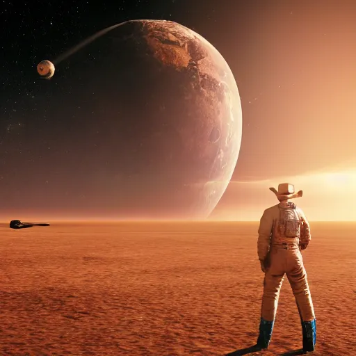 Image similar to apollo 8 cowboy earthrise cowboy in cowboy space, octane render, blender render, unreal engine, 3 5 mm, cowboy, with earth in rising in the sky in the background