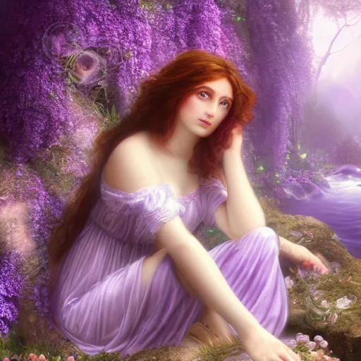 Image similar to a cinematic portrait of a romantic pre - raphaelite purple styled fairy surrounded by amethysts, sitting in a mystical waterfall cave, lilac sunrays, matte painting, highly detailed, 8 k