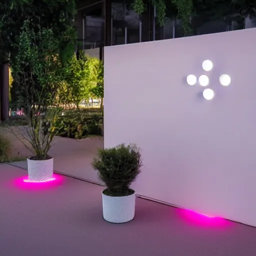 Image similar to An ultra high definition, professional photograph of an outdoor partial IKEA showroom inspired sculpture with a white outdoor dot matrix light sign displaying an emoji, located on a pastel pink beach ((with pastel pink, dimpled sand where every item is pastel pink. )) The sun can be seen rising through a window in the showroom. The showroom unit is outdoors and the floor is made of dimpled sand. The showroom unit takes up 20% of the frame and is surrounded by barren beach environment. A square dot matrix sign displays an emoji somewhere in the scene. Morning time indirect lighting with on location production lighting on the showroom. In the style of wallpaper magazine, Wes Anderson.