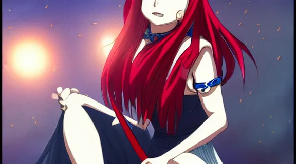 Image similar to Erza Scarlett chained and shackled, upset, tears in eyes | Somber moon | wet Dungeon Chamber | Big Moon at Night | strong blue rimlit | visual-key | anime illustration | highly detailed