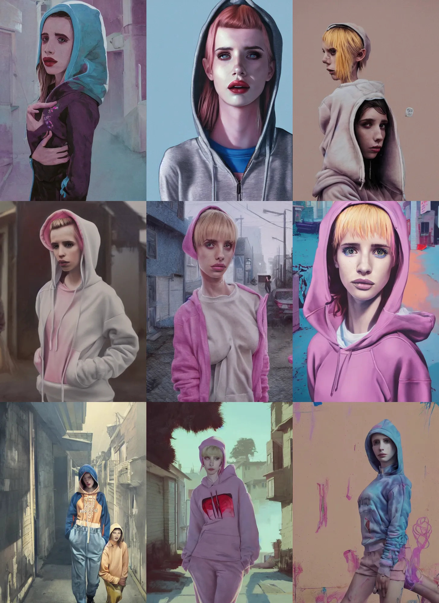 Image similar to still from music video of emma roberts from die antwoord standing in a township street, wearing a hoodie, street clothes, full figure portrait painting by martine johanna, ilya kuvshinov, craig mullins, pastel color palette, 3 5 mm lens