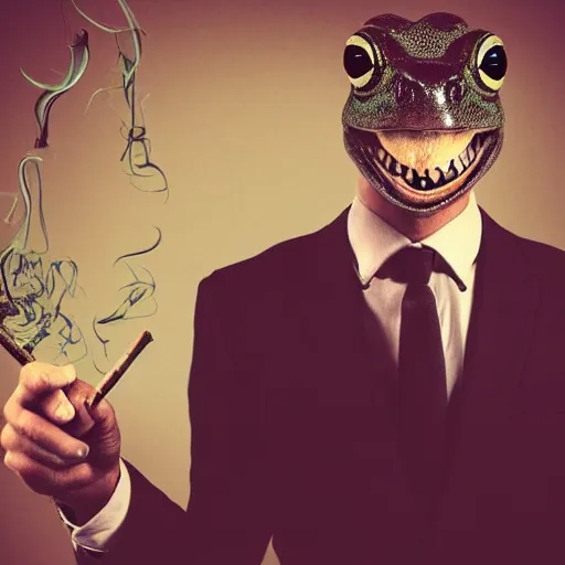 Image similar to a high detail closeup photograph of a 🐸 wearing a suit 👔,and smoking a cigarrette🚬, award wining photograph