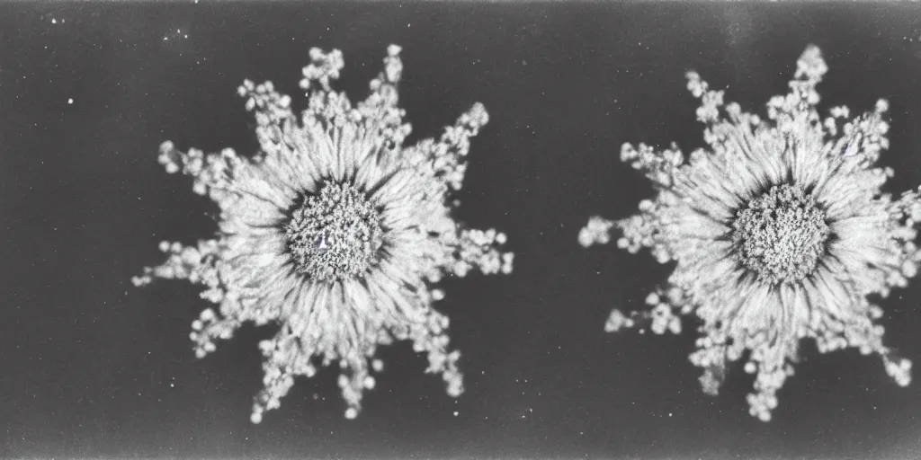 Image similar to close up photography of edelweiss flower made from stars and universe, 1. 2 f, 3 5 mm, dark, eerie, 1 9 2 0 s ghost photography