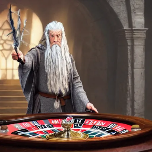 Image similar to gandalf playing roulette, highly detailed,
