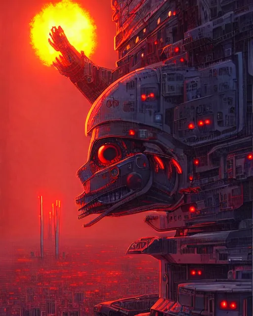 Image similar to giant robot with ominously glowing red eyes stands on top of city that is on fire, concept art, intricate details, highly detailed, in the style of rodger dean, moebius, michael whelan, pascal blanche