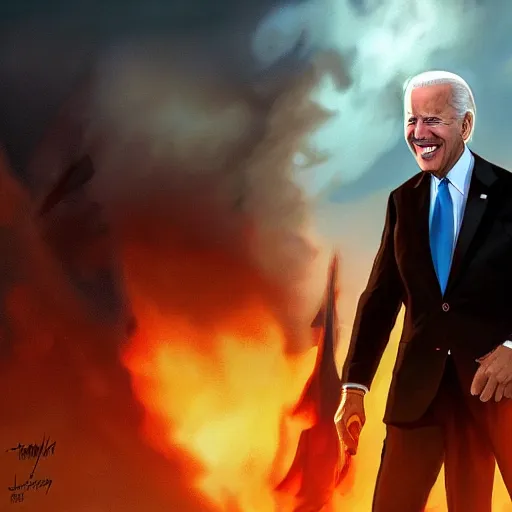 Image similar to joe biden smiling while behind him the world is burning, dramatic lighting, cinematic, establishing shot, extremly high detail, photorealistic, cinematic lighting, artstation, style by James Gurney