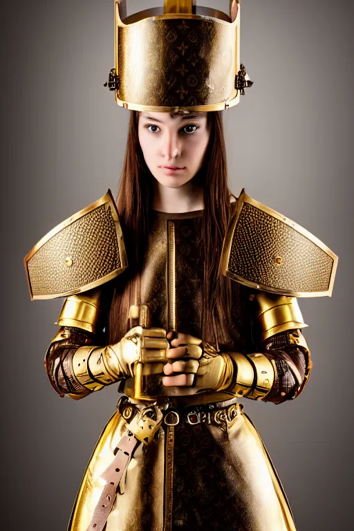 Prompt: female medieval knight, brown hair, by louis vuitton, gold and luxury materials, symmetrical, cinematic, elegant, professional studio light, real dlsr photography, sharp focus, 4 k, ultra hd, sense of awe, high fashion