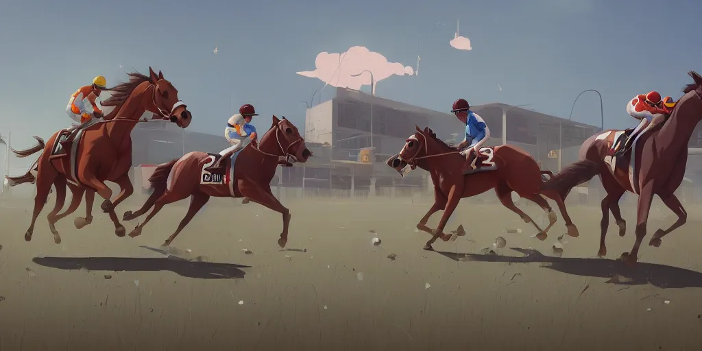 Prompt: Horse Racing by Goro Fujita and Simon Stalenhag , 8k, trending on artstation, hyper detailed, cinematic