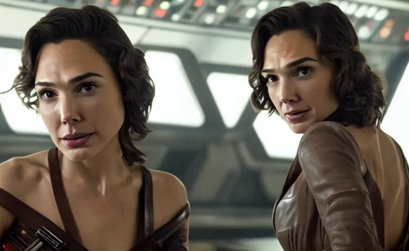 Image similar to a still of beautiful gal gadot as han solo in star wars, 8 k