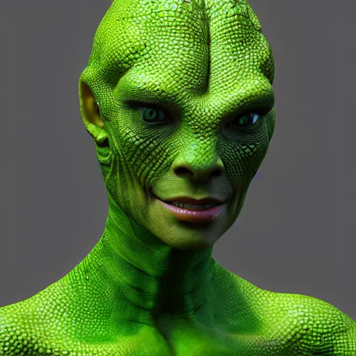 Prompt: portrait of a woman with scaly green skin and reptilian eyes. lizard woman anthropomorphic reptile. ultra HD high detail sharp detail character design zbrush trending on artstation photorealism