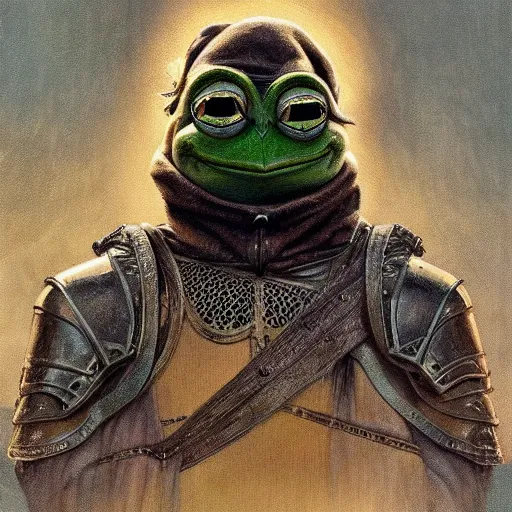Image similar to pepe the frog as aragorn by alan lee, leather armor, golden hour, concept art, detailed clothing, art station, oil painting, art by artgerm and greg rutkowski and alphonse mucha