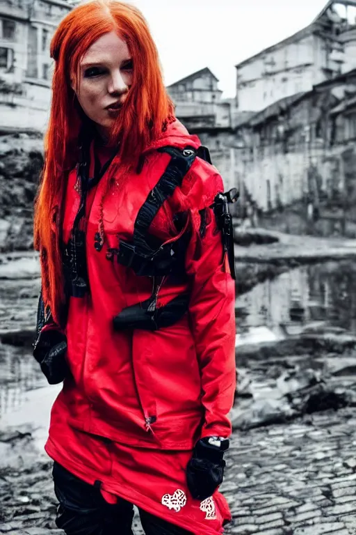 Prompt: beautiful red haired british woman in techwear, techwear look and clothes, hyper-maximalist, highly-detailed and intricate, ACRNYM, Errolson Hugh, Y3, trending on r/streetwear, outfit photo, we see them from head to toe