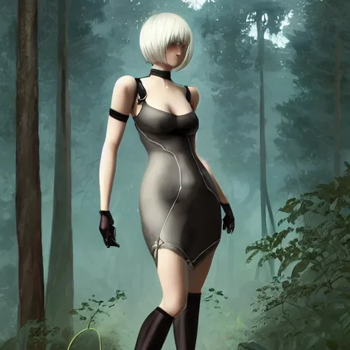 Image similar to full body portrait of 2 b nier automata wearing a skintight dress in a forest, large thighs, perfect face, intricate, elegant, highly detailed, digital painting, artstation, smooth, sharp focus, illustration, art by artgerm and greg rutkowski and alphonse mucha, 8 k