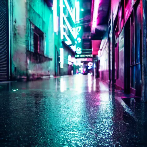 Prompt: a high quality low wide angle photo of a chameleon on the streets of a cyberpunk city, rainy, reflective ground, neon lights, realism, 8k