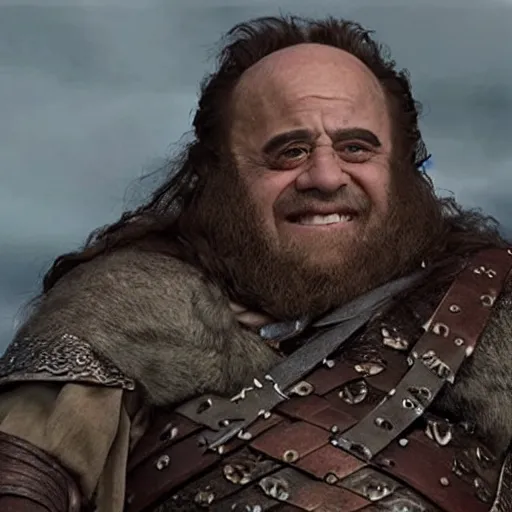 Image similar to movie still of danny devito starring as gimli in the 2 0 2 6 lord of the rings movie, full body, hyper realistic, high quality