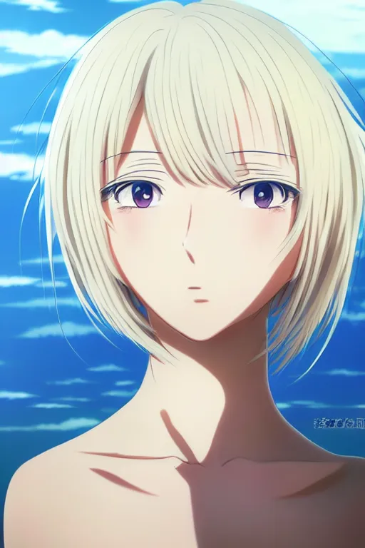 Prompt: anime art full body portrait character concept art, anime key visual of elegant young female, platinum blonde straight bangs and large eyes, finely detailed perfect face delicate features directed gaze, laying down in the sand at sunset at a beach trending on pixiv fanbox, studio ghibli, extremely high quality artwork