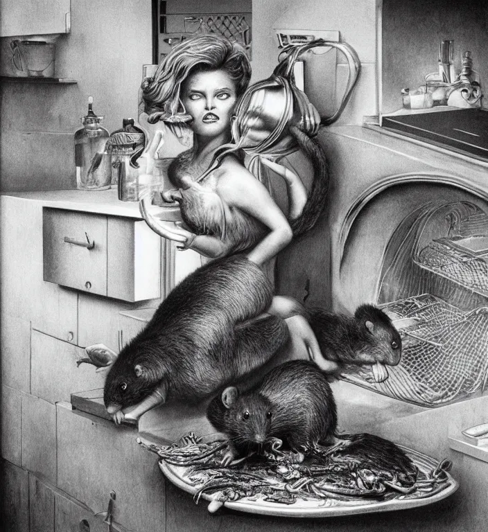 Image similar to black and white photo of a beauty woman puts a big rat in the oven 90s by Laurie Lipton, high detailed, realistic,dark surrealism, hyper detailed