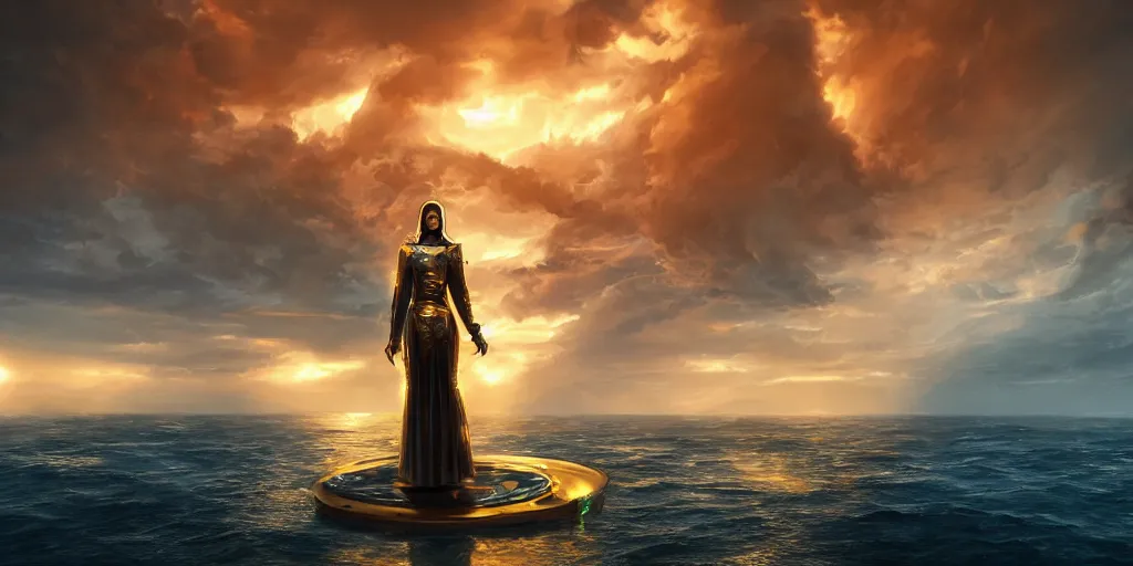 Prompt: medieval woman ship pilot from behind standing on a single ship at sea, dramatic golden neon sunset with tornado wall, wearing shiny breastplate, dynamic lighting, surreal, HD 4k, artstation
