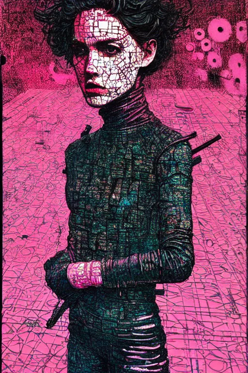 Image similar to dreamy rock girl, pink leather outfit, detailed acrylic, grunge, intricate complexity, by dan mumford and by alberto giacometti, peter lindbergh, malevich, william stout