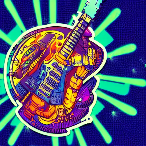 Image similar to sticker of a rock band, name is tripmachine, on the sticker is a 3 d render of a huge futuristic steampunk generator with musician robots, 8 k, fluorescent colors, halluzinogenic, multicolored, exaggerated detailed, silk screen art