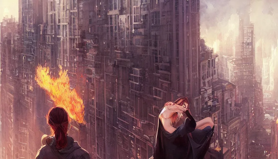 Image similar to woman, city, looking down, street top view, fire by wlop, artgerm, greg rutkowski