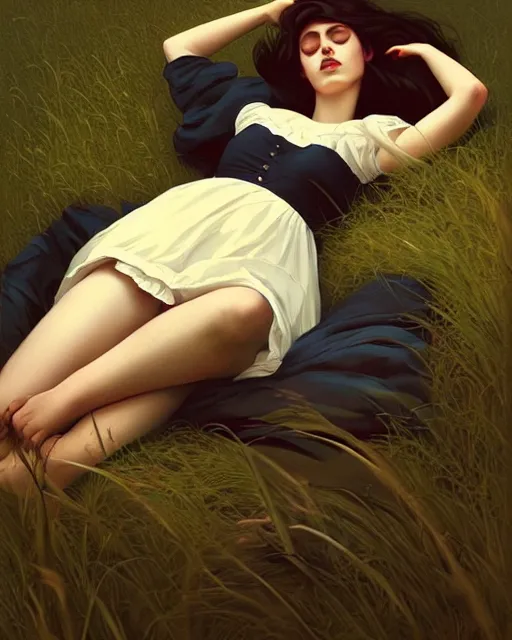Prompt: stylized portrait by aykutmakut of an artistic pose, composition, young victorian fancy lady sleeping over the grass, cinematic moody colors, realistic shaded, fine details, realistic shaded lighting poster by ilya kuvshinov, magali villeneuve, artgerm, jeremy lipkin and michael garmash and rob rey