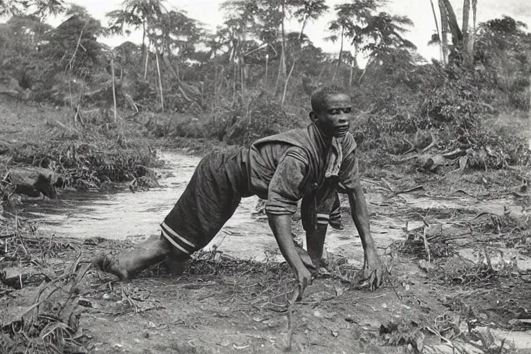 Image similar to a 1 9 0 5 colonial closeup photograph of a breakdancer in a village at the river bank of congo, thick jungle, scary, evil looking, wide angle shot