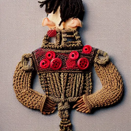 Prompt: a silly man made of macrame, yawn, sweaters and buttons, crafting project photograph