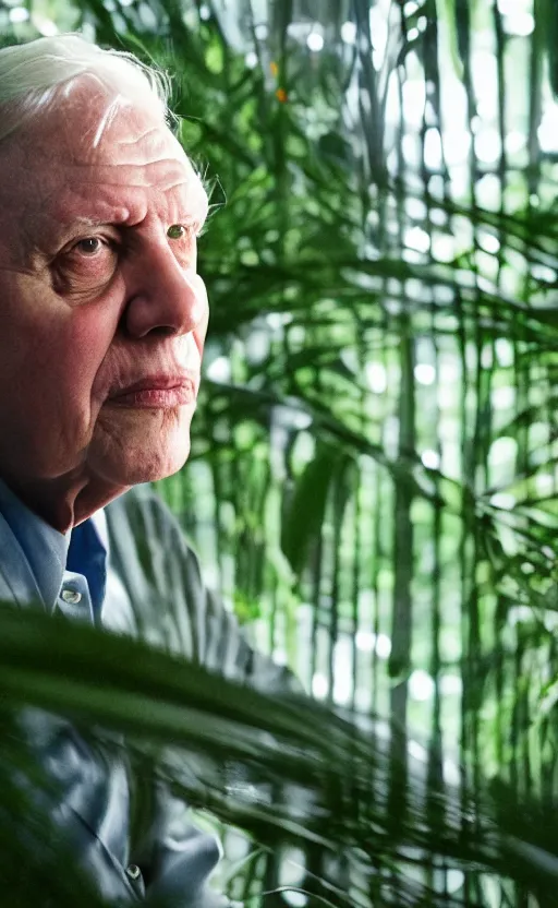 Image similar to Portrait of Sir David Attenborough with a lush tropical jungle in the background, splash art, movie still, cinematic lighting, dramatic, octane render, long lens, shallow depth of field, bokeh, anamorphic lens flare, 8k, hyper detailed, 35mm film grain