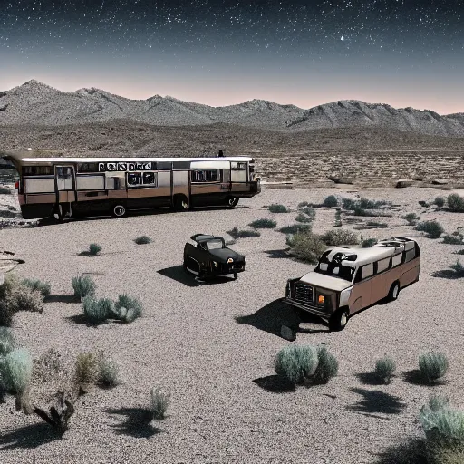 Prompt: silver school bus in the desert parked by a hot spring, sage brush, moonlit, ultra detailed, 8 k, trending on artstation, award - winning art,