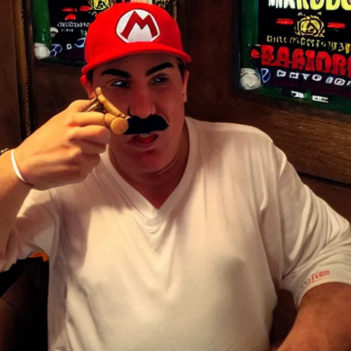 Prompt: super mario in a bar smoking a cigar with bloodshot eyes