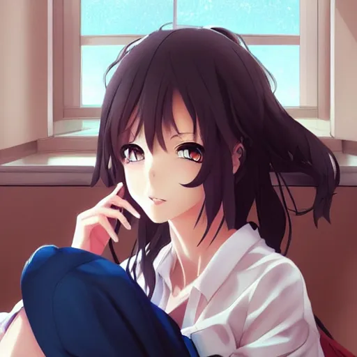 Prompt: anime beautiful girl sits on the sofa and listens to music, the sun shines through the window, clear face, beautiful body, dream light, highly detailed, 8 k, pixiv, in style of kyoto animation, art by artgerm and cushart krenz