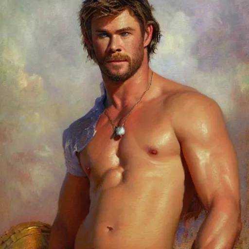 Prompt: Chris Hemsworth with a flabby body type, painting by Gaston Bussiere, Craig Mullins