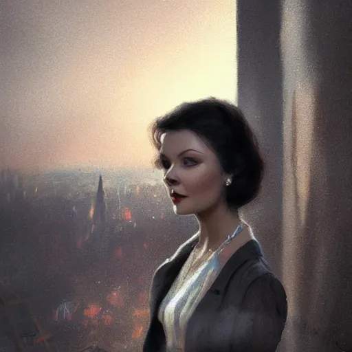 Image similar to a closeup portrait of a young vivian leigh, 1 9 7 0 s, city background, gorgeous view, sunset, film noir, depth, by seb mckinnon, by greg rutkowski, by igor kieryluk, digital art, trending on artstation