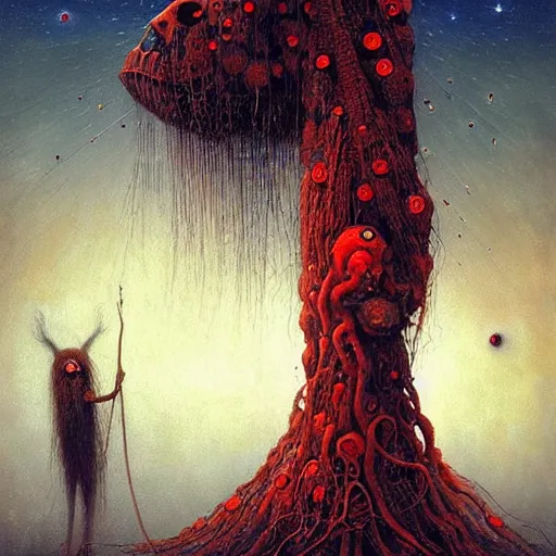 Image similar to the night sky is black and full of stars, huge red eyes are floating in the sky, their irises are red, ethereal tentacles, by Esao Andrews and Karol Bak and Zdzislaw Beksinski, vivid colors