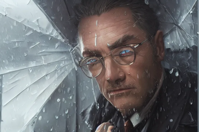 Prompt: a canon cinematic headshot portrait of an evil scientist, stood outside a corner shop, raining, detailed, depth of field, movie still, dramatic lighting, by krenz cushart