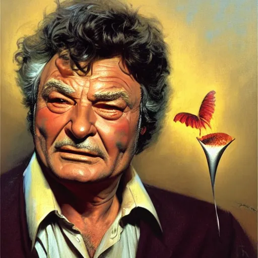 Image similar to peter falk as columbo is in his bed, nervous and terrified, because rip taylor is throwing confetti from a bucket at him. highly detailed painting by gaston bussiere, j. c. leyendecker, greg rutkowski, craig mullins 8 k