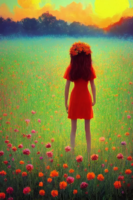 Image similar to closeup, huge flower head, girl standing in a field of flowers, surreal photography, sunrise, blue sky, dramatic light, impressionist painting, digital painting, artstation, simon stalenhag