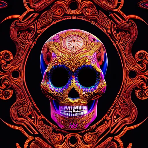 Image similar to a highly detailed photographic render of intricately carved sugar skull, psychedelic, black background, neon light, intricate ornament, gilding, horror, dark fantasy, beautifully lit, ray traced, octane 3D render in the style of Gerald Brom and James Gurney