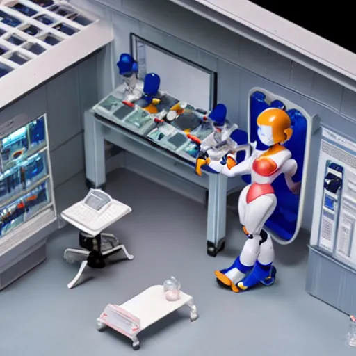 Prompt: photo of figma figures inside a diorama of a laboratory : : a cute female robot in the style of mega man with long hair is repairing computers. she is being helped by a companion robot.