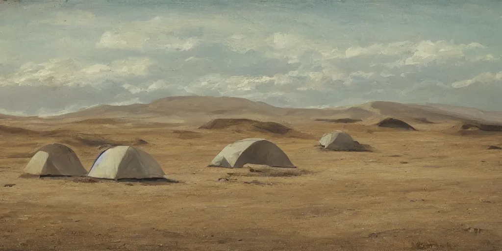 Prompt: “ group of beige canvas tents in a desolate arctic landscape, barren, no trees or grass, gravel and scree ground, slight rolling hills, romanticist oil painting ”