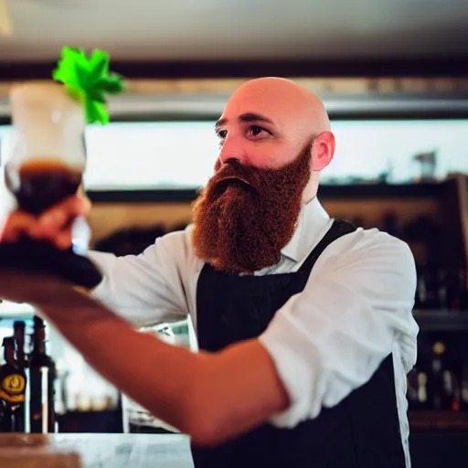 Prompt: bartender with beard and bald head looking at the camera, pouring Guinness for a woman