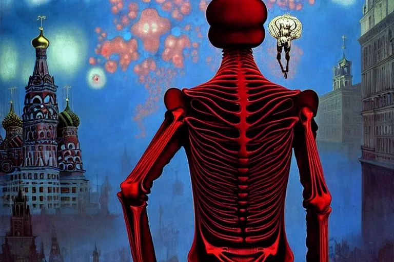 Image similar to realistic detailed photorealistic film portrait shot of a single skeleton wearing crimson velvet blazer in a crowded futuristic moscow street by Denis Villeneuve, Amano, Yves Tanguy, Alphonse Mucha, Ernst Haeckel, Andrei Tarkovsky, Edward Robert Hughes, Roger Dean, rich moody colours, wide angle, blue eyes