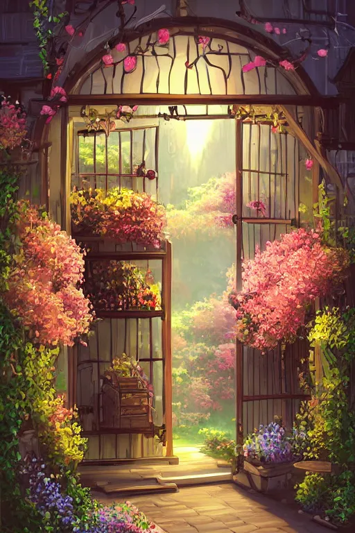 Prompt: a little flower shop's front gate, refreshing, digital illustration, pixiv, dramatic lighting