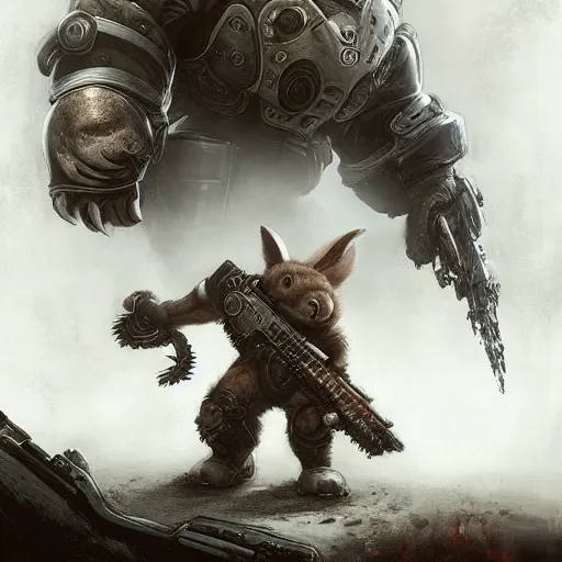 Image similar to cute little anthropomorphic Rabbit and a cool looking Wolf in Gears of War cover art, ultra wide lens shot , tiny, small, rage, short, cute and adorable, scary, brutal, pretty, beautiful, DnD character art portrait, matte fantasy painting, DeviantArt Artstation, by Jason Felix by Steve Argyle by Tyler Jacobson by Peter Mohrbacher, cinematic lighting