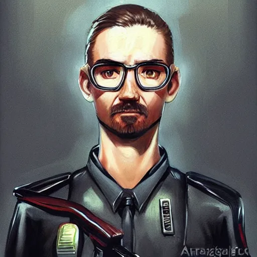 Image similar to gordon freeman as an attractive young smiling woman dressed as a metrocop, hd shot, digital portrait, beautiful, artstation, comic style, by artgerm, guy denning, jakub rozalski and charlie bowater