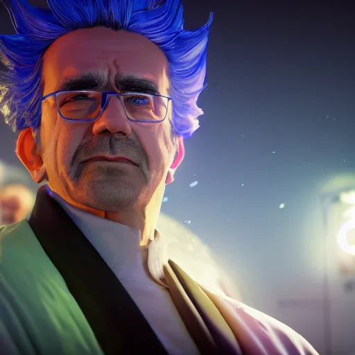 Prompt: portrait art of rick sanchez, lab coat, unibrow, 8 k ultra realistic, lens flare, atmosphere, glow, detailed, intricate, full of colour, cinematic lighting, trending on artstation, 4 k, hyperrealistic, focused, extreme details, unreal engine 5, cinematic, masterpiece