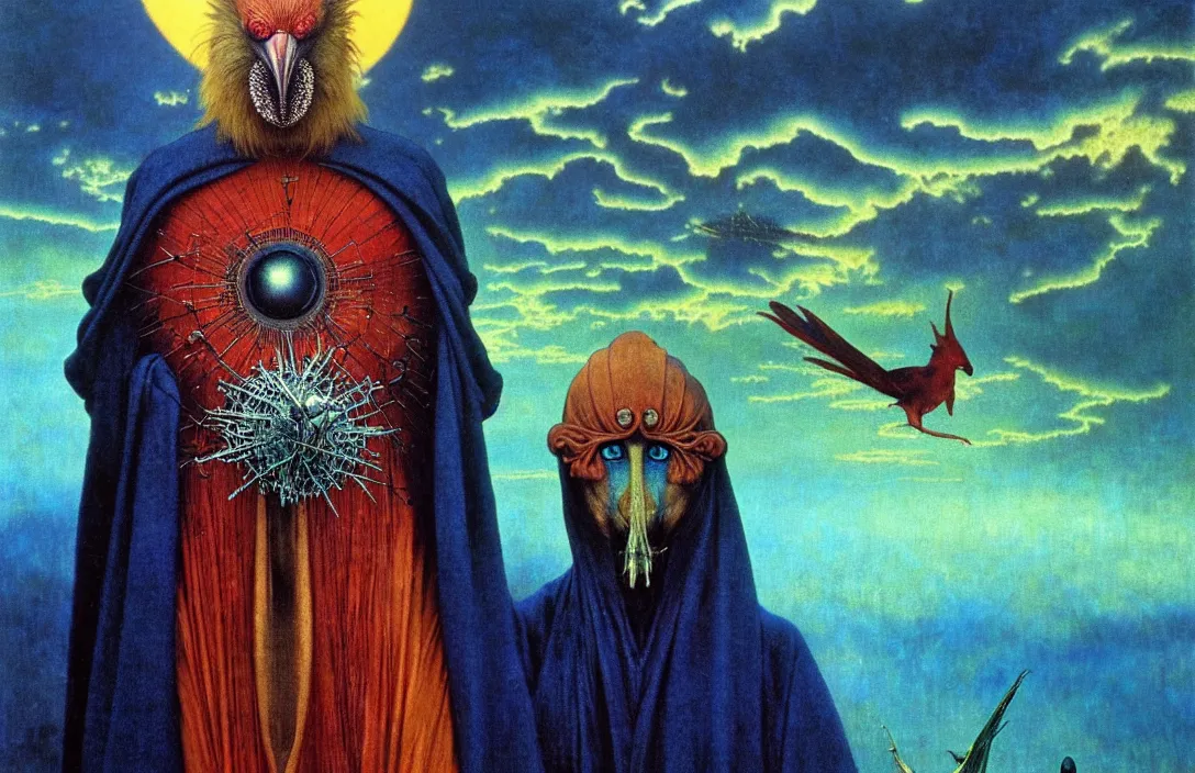 Image similar to realistic detailed portrait movie shot of a birdman wearing a dark robes, sci fi city landscape background by denis villeneuve, amano, yves tanguy, alphonse mucha, ernst haeckel, max ernst, roger dean, masterpiece, rich moody colours, dog teeth, blue eyes, sunset